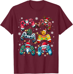 Boys Christmas Shirt Santa Elf Gaming Controllers Gamer Xmas T-Shirt - T-Shirt | Maroon
