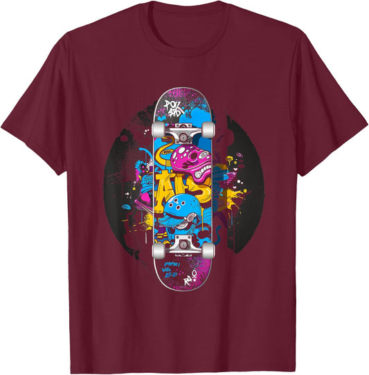 Skateboard Graffiti Skater T-Shirt - T-Shirt | Maroon