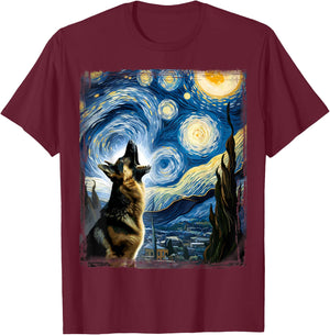Alsatian Dog Artistic Van Gogh Starry Night German Shepherd T-Shirt - T-Shirt | Maroon