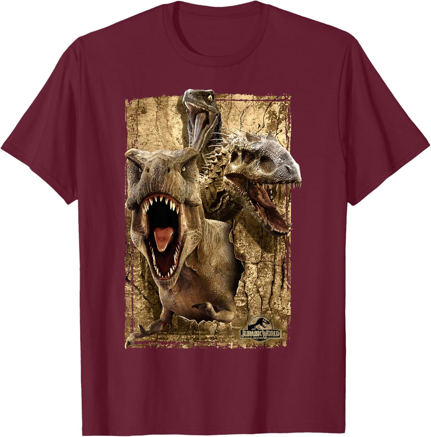 Jurassic World T-Rex Indominus Rex & Raptor T-Shirt - T-Shirt | Maroon
