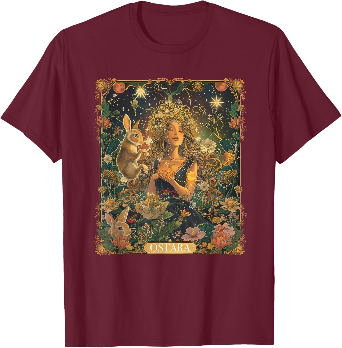 Ostara Spring Goddess Bunny Celebration Holiday Tarot Card T-Shirt - T-Shirt | Maroon