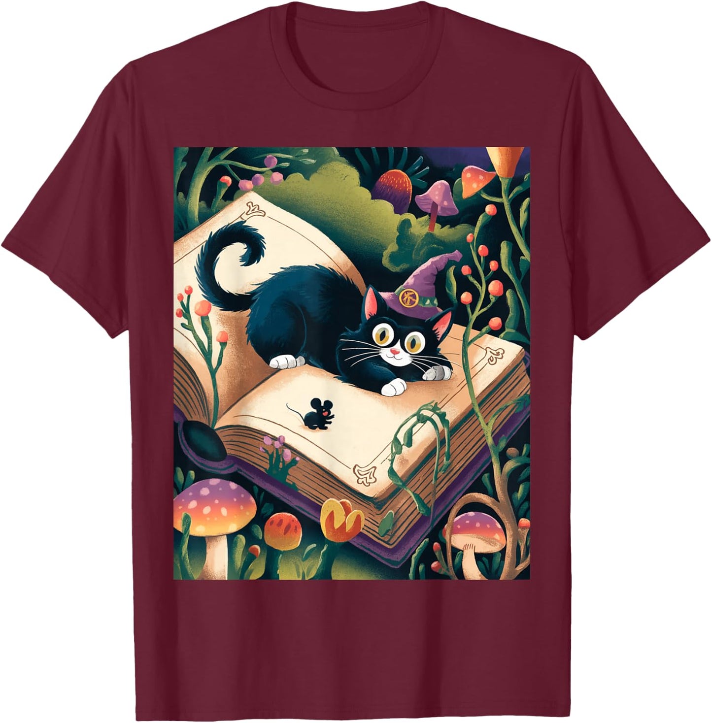 Enchanted Night: Mystical Feline Resting atop an Opened Book T-Shirt - T-Shirt | Maroon