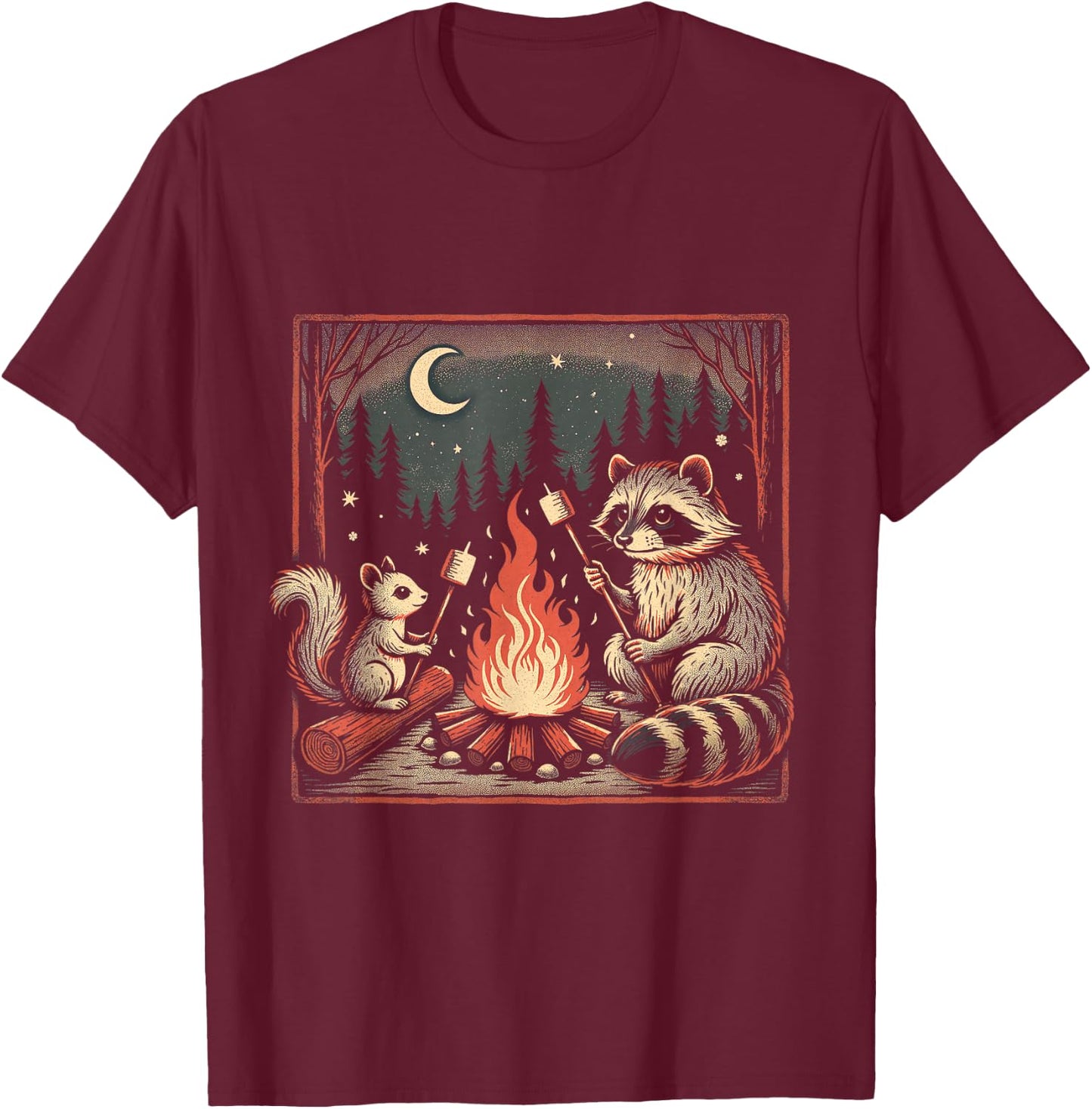 Forest Animals by the Campfire – Cozy Squirrel and Raccoon T-Shirt - T-Shirt | Maroon