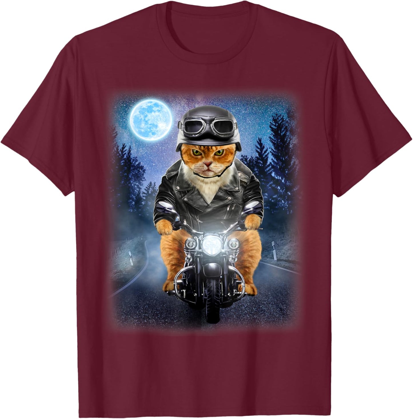 Biker Orange Cat Riding Motorcycle, Galaxy Icy Moon Women Kids T-Shirt - T-Shirt | Maroon