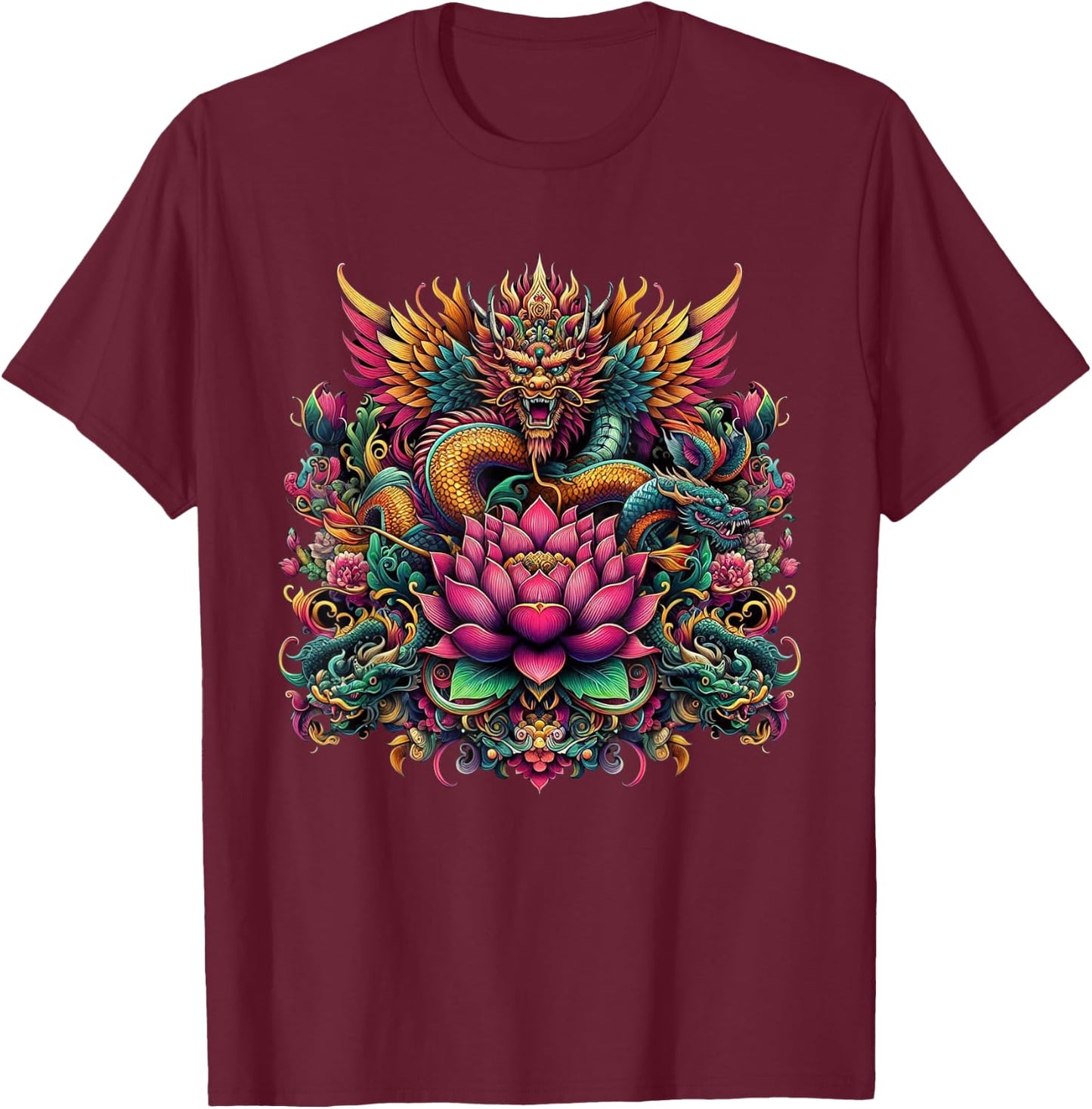 Vibrant Ornate Eastern Dragon Lotus Mythological Graphic T-Shirt - T-Shirt | Maroon