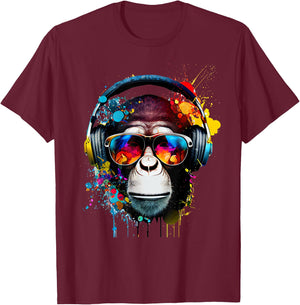 DJ Monkey Monkey with Sunglasses , black T-Shirt - T-Shirt | Maroon