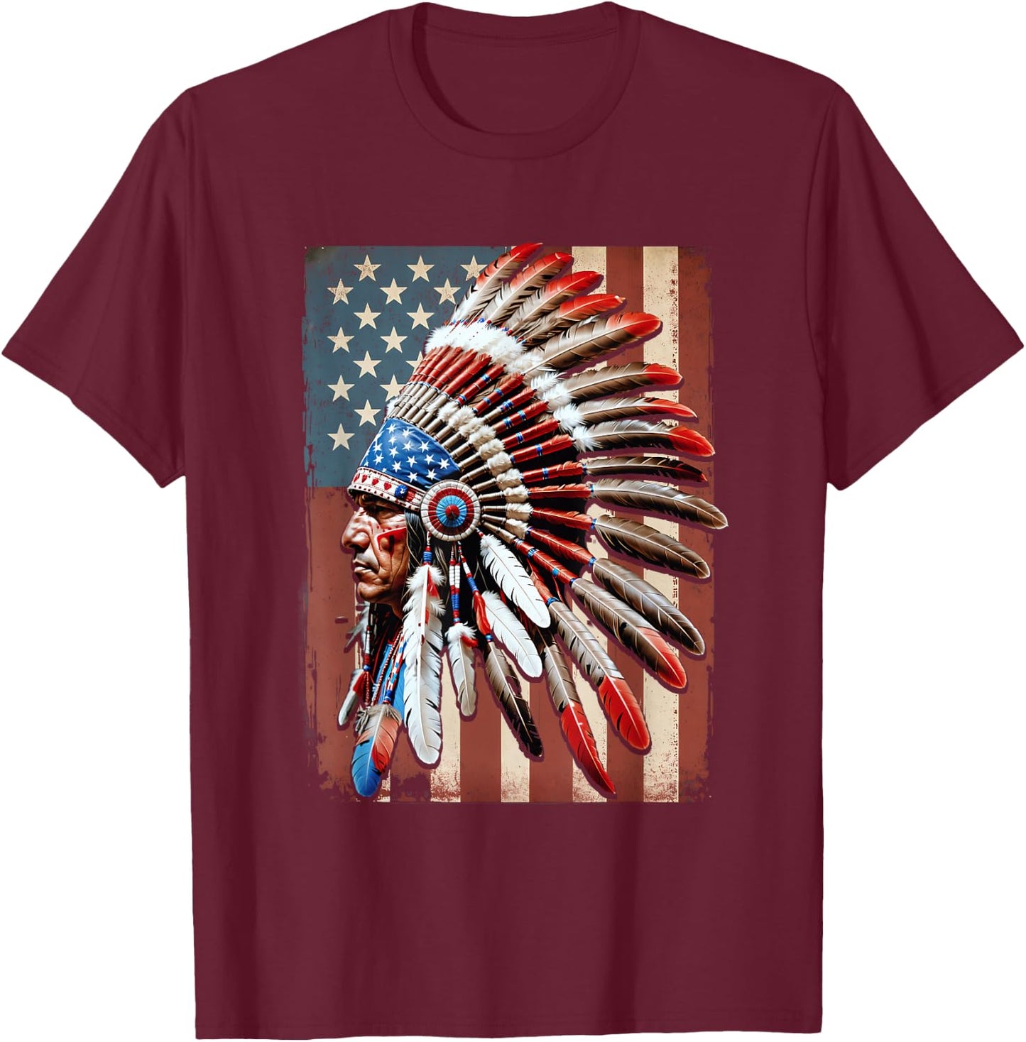 Native American Indian USA American Flag Indigenous Chief T-Shirt - T-Shirt | Maroon