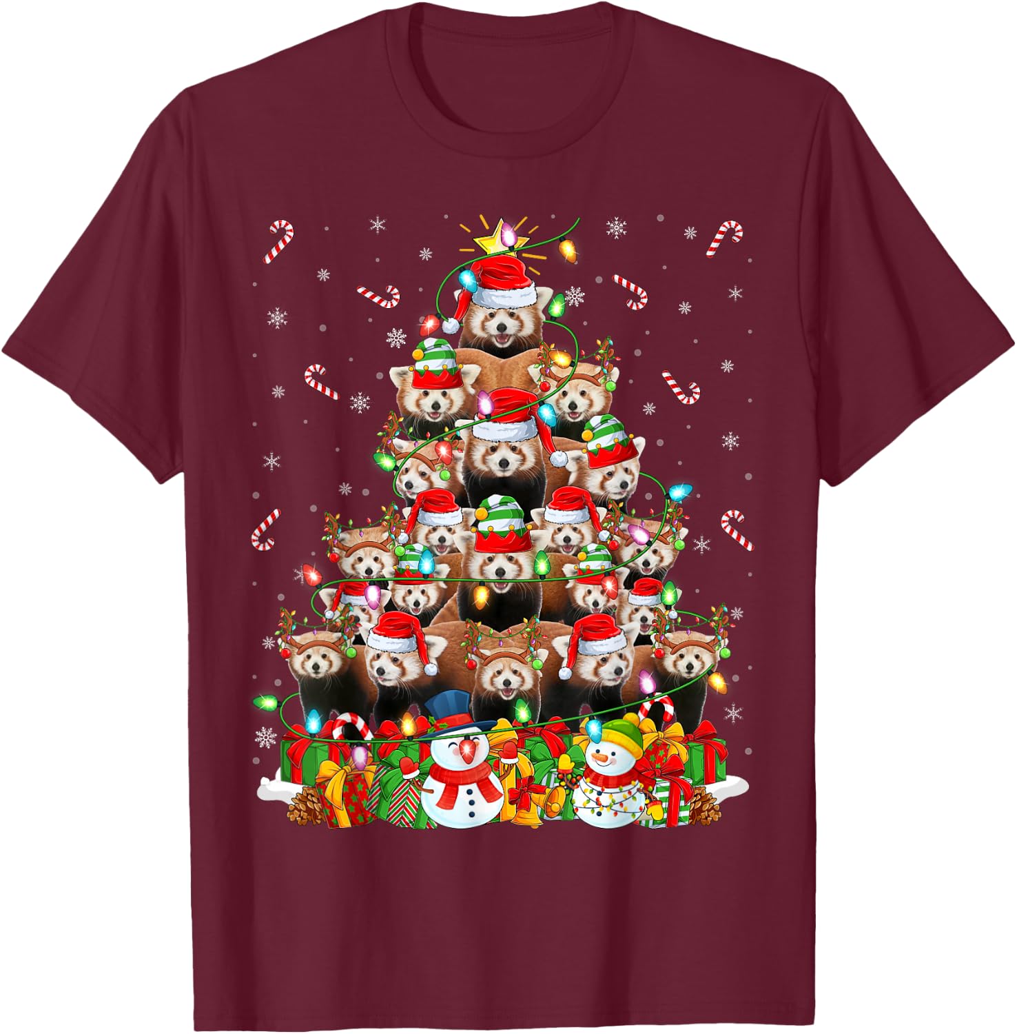 Red Panda Xmas Lighting Tree Santa Red Panda Christmas T-Shirt - T-Shirt | Maroon
