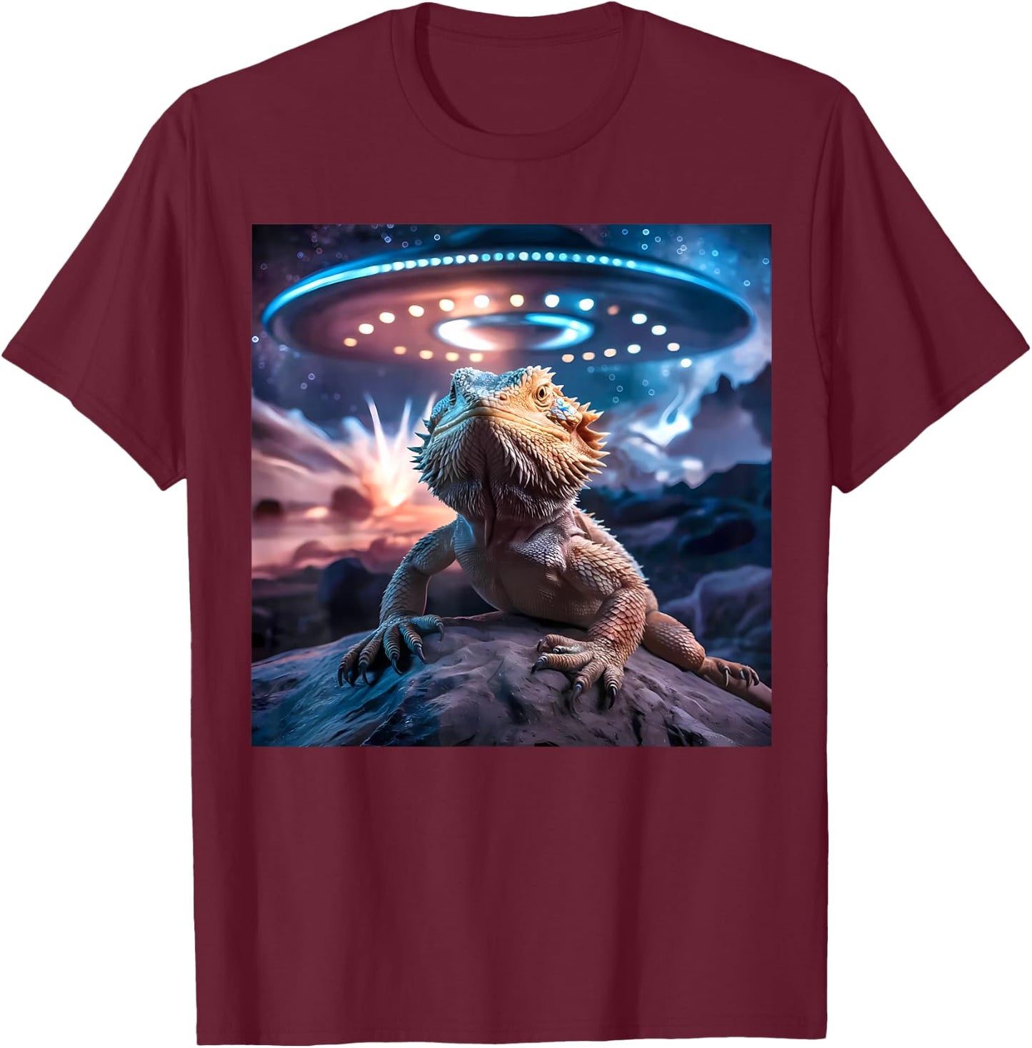 Bearded Dragon UFO Alien Graphic T-Shirt - T-Shirt | Maroon