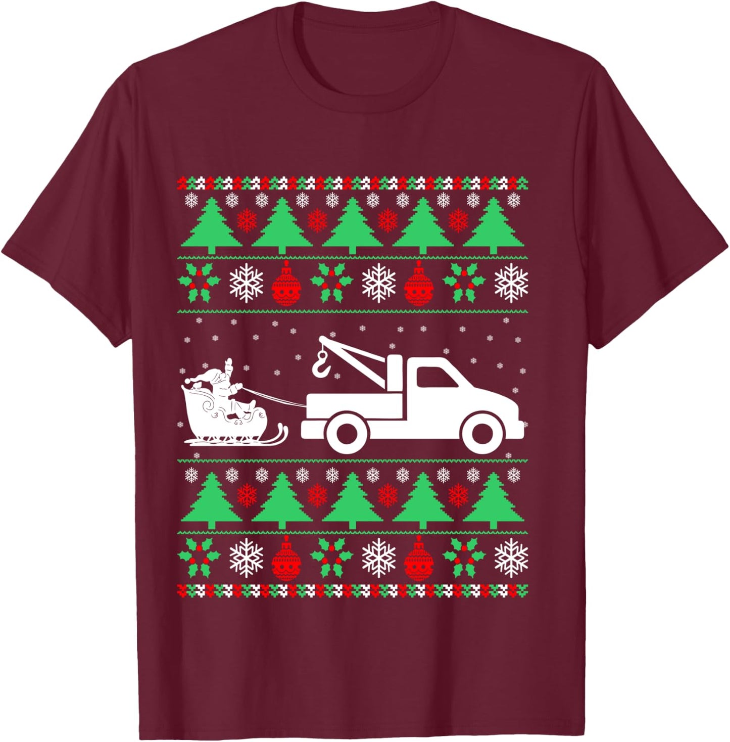 Santa Riding Sleigh Tow Truck Driver Christmas Ugly Sweater T-Shirt - T-Shirt | Maroon
