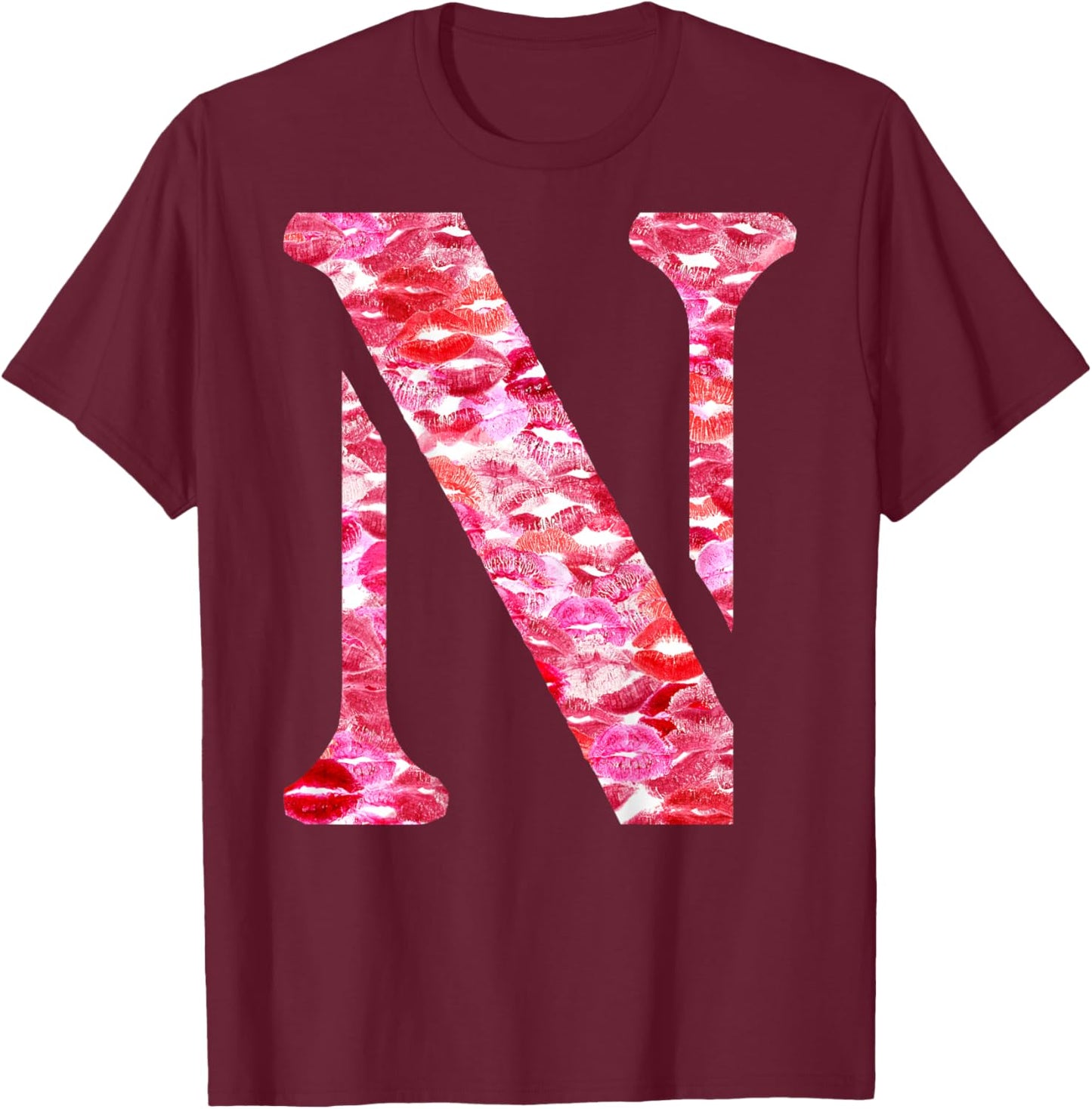 Back Print Only - Lipstick Kisses For Boyfriend Letter N , Black, S T-Shirt - T-Shirt | Maroon