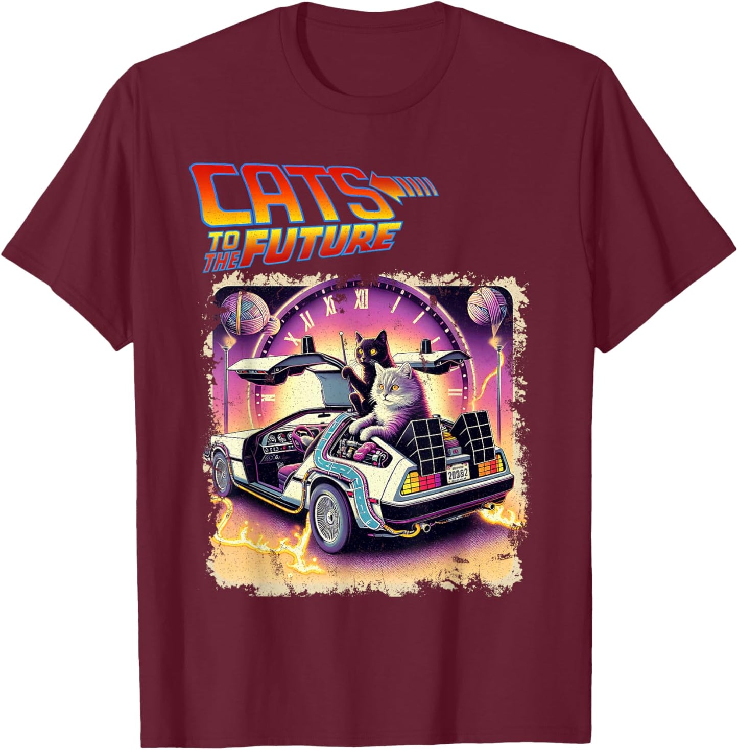 Cats To The Future 80s 90s Parody Pop Culture Funny Cats , Black, S T-Shirt - T-Shirt | Maroon
