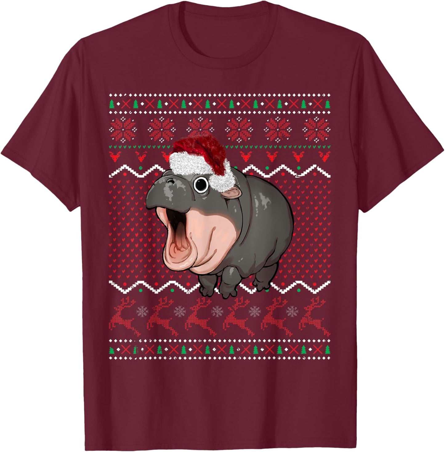 Moo Deng Christmas Baby Hippo Santa Hat Ugly Sweater Xmas T-Shirt - T-Shirt | Maroon
