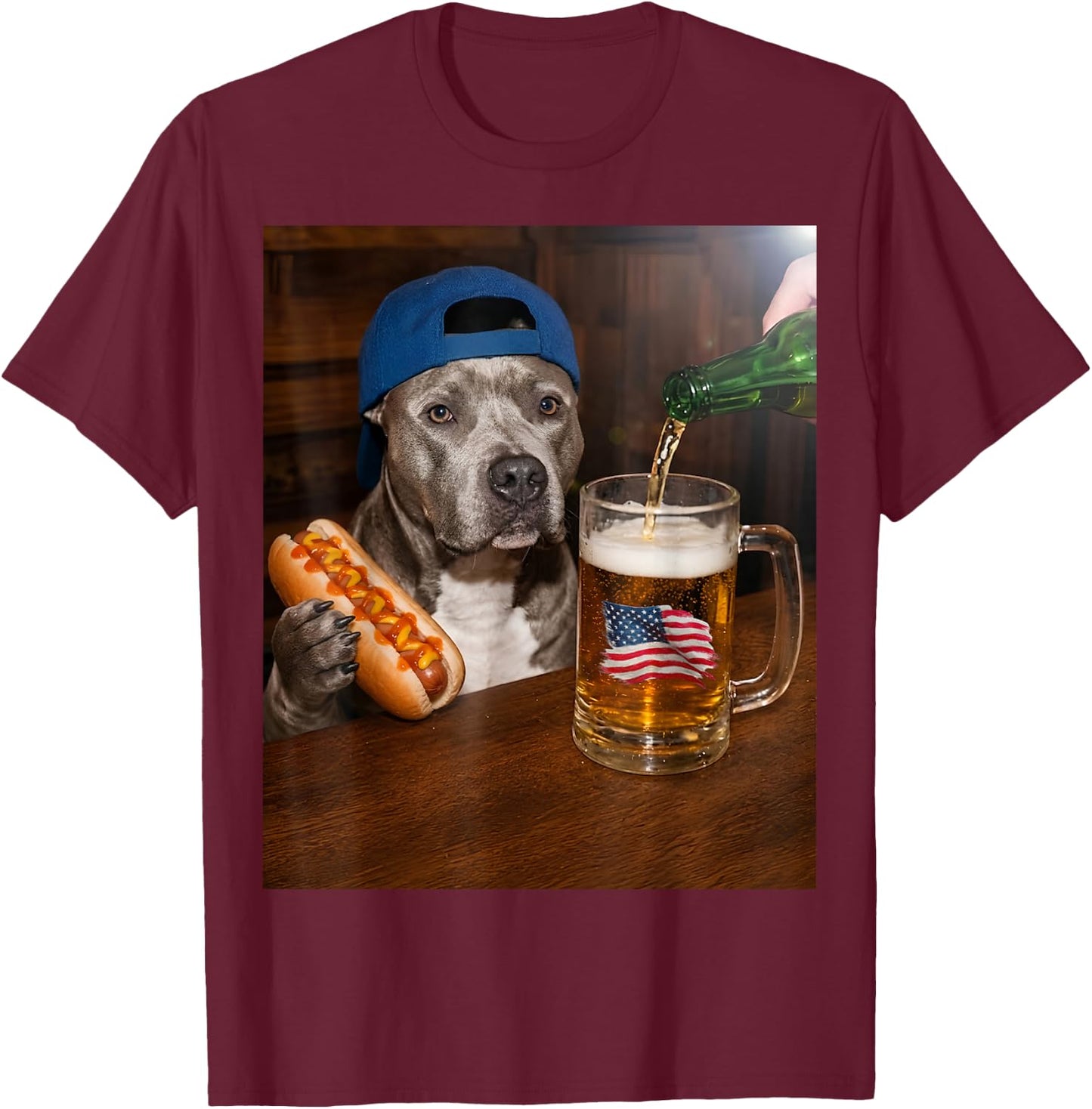 Funny Pitbull Meme Drinking Beer Hotdog USA Flag Pittie Moms T-Shirt - T-Shirt | Maroon