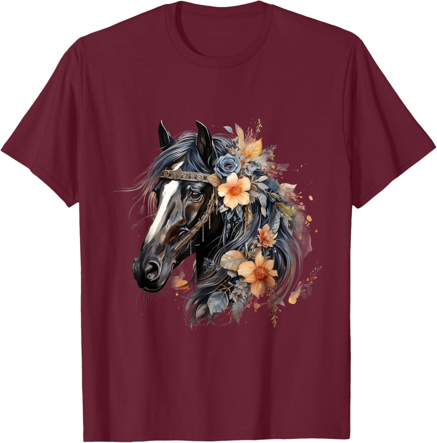 Floral Wild Horse Country Horse Riding , Small, Black T-Shirt - T-Shirt | Maroon