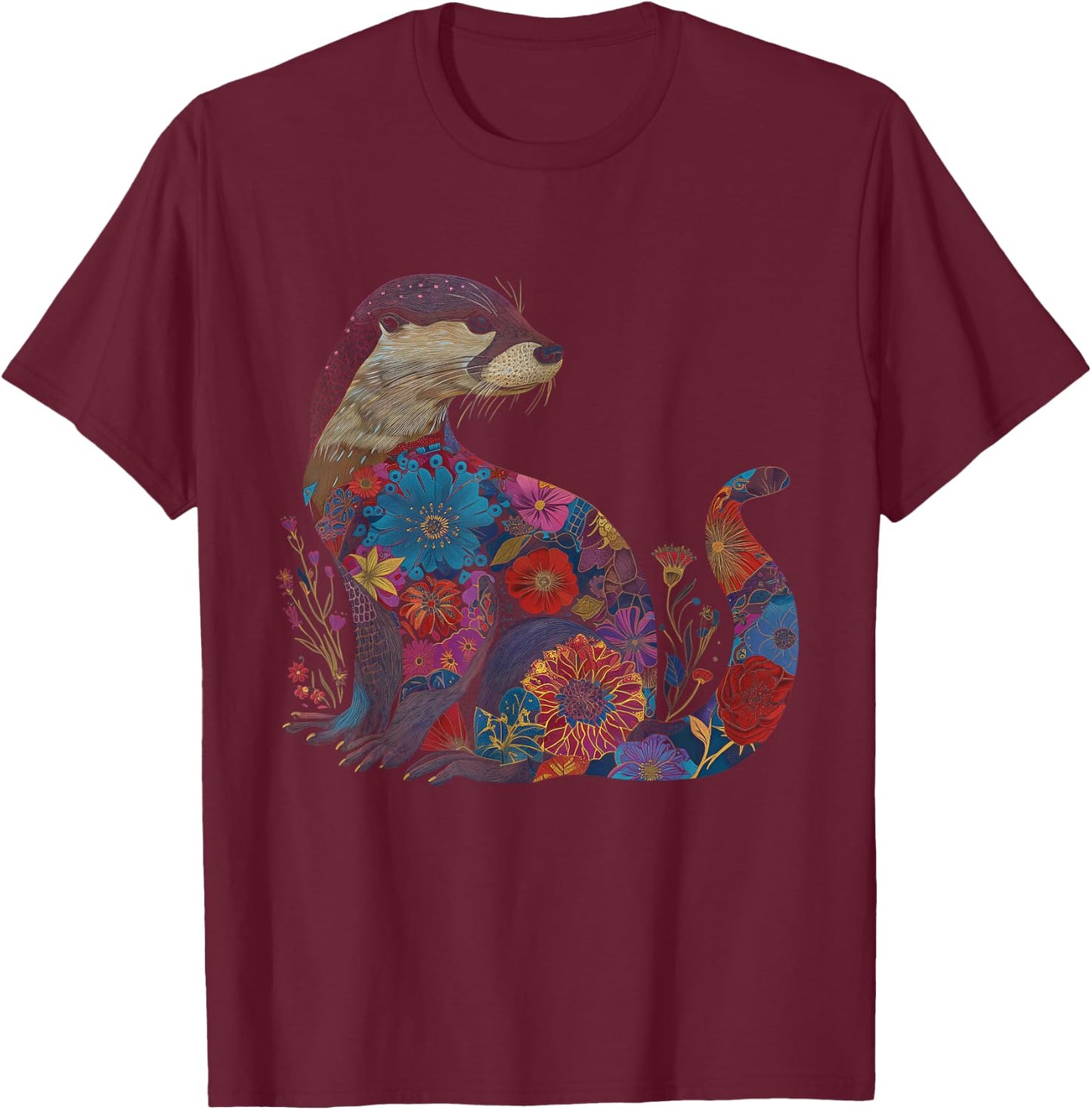 Otter Floral Artwork Vintage Flowers Cute Sea Otter T-Shirt - T-Shirt | Maroon
