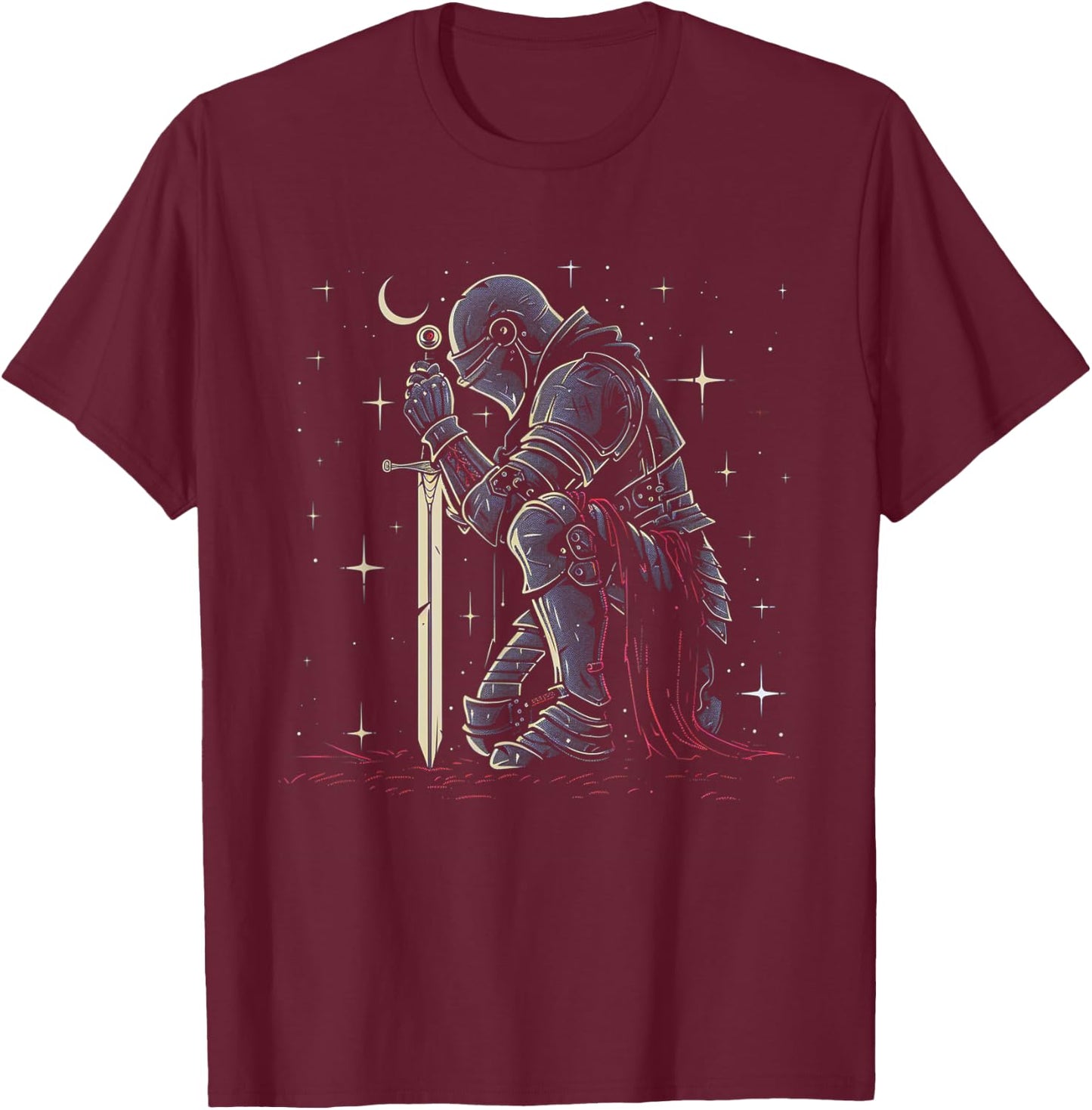 Paladin Kneeling Design | Fantasy Art Noble Warrior T-Shirt - T-Shirt | Maroon