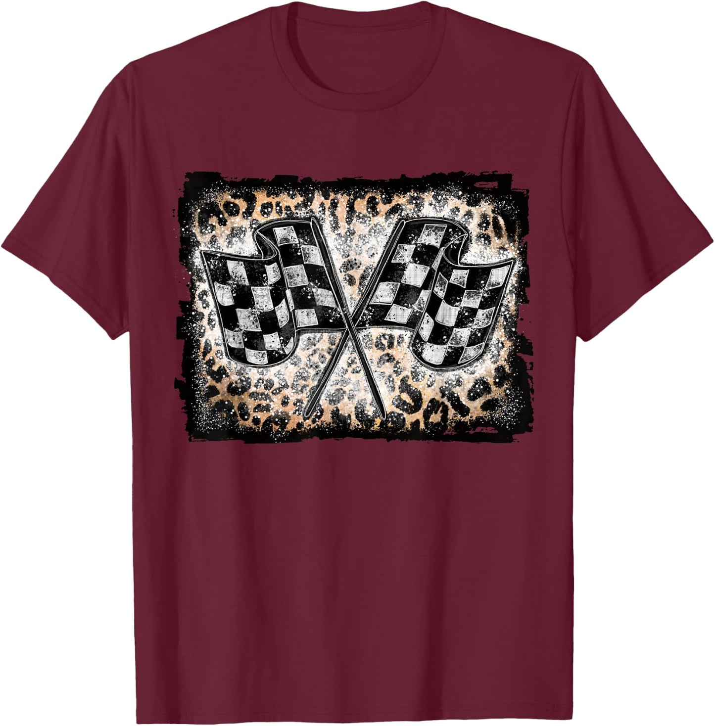Racing Flags Racer Checkered Race Leopard Vintage Grunge T-Shirt - T-Shirt | Maroon