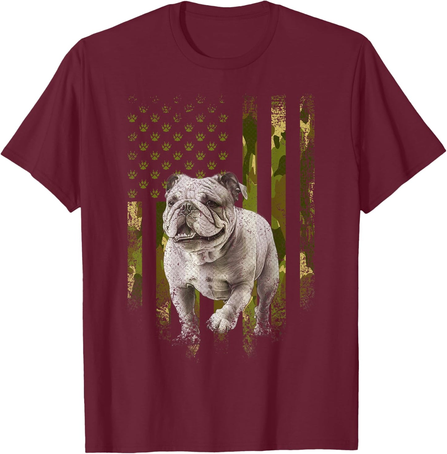 Vintage Camouflage USA Camo Flag Bulldog 4th Of July Women Kids Men T-Shirt - T-Shirt | Maroon