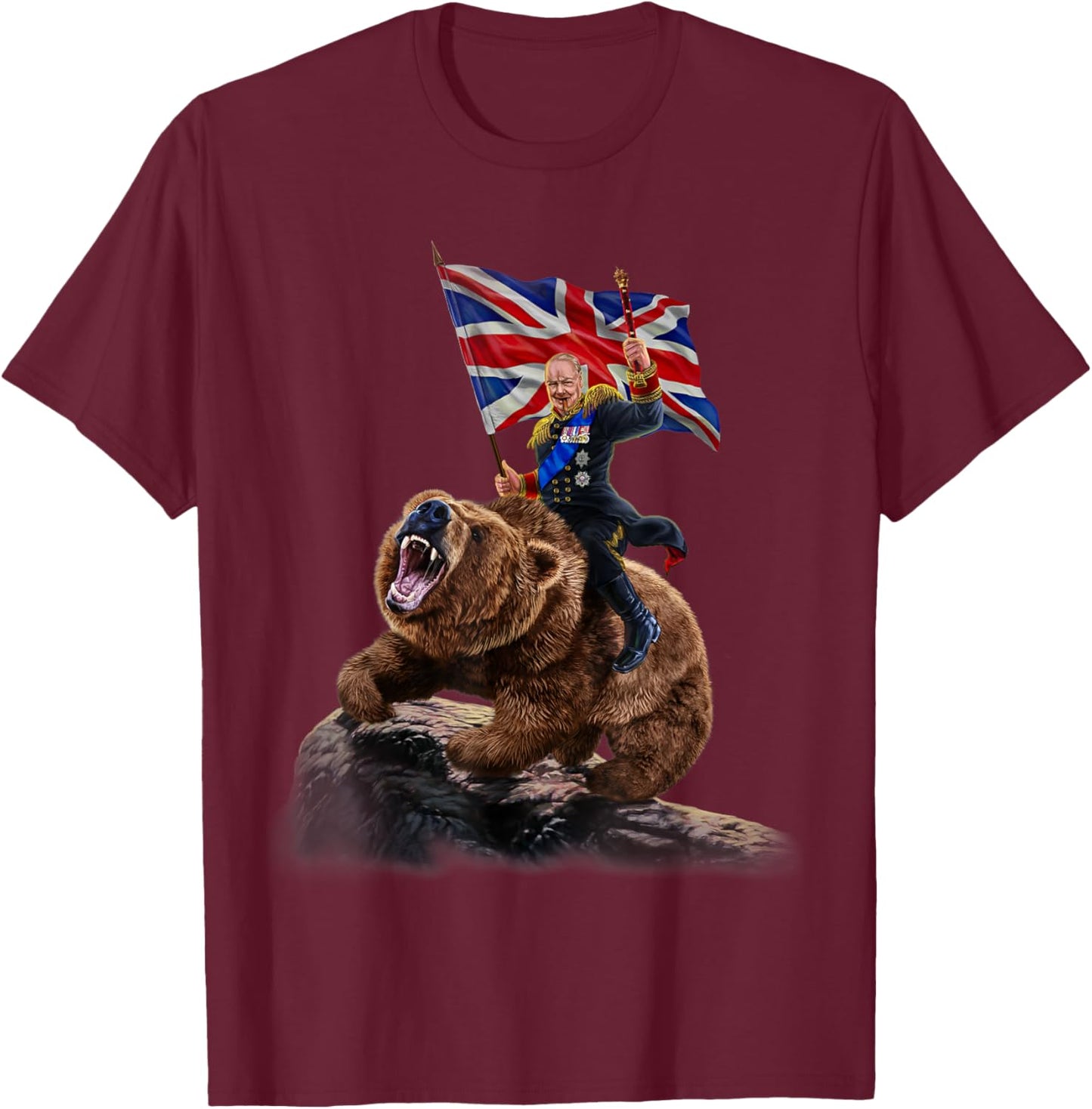 England Winston Churchill Ride Battle Grizzly Bear T-Shirt - T-Shirt | Maroon