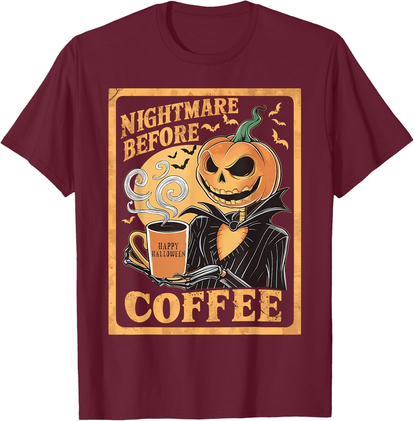 Nightmare Before Coffee Christmas Skeleton Funny Halloween T-Shirt - T-Shirt | Maroon