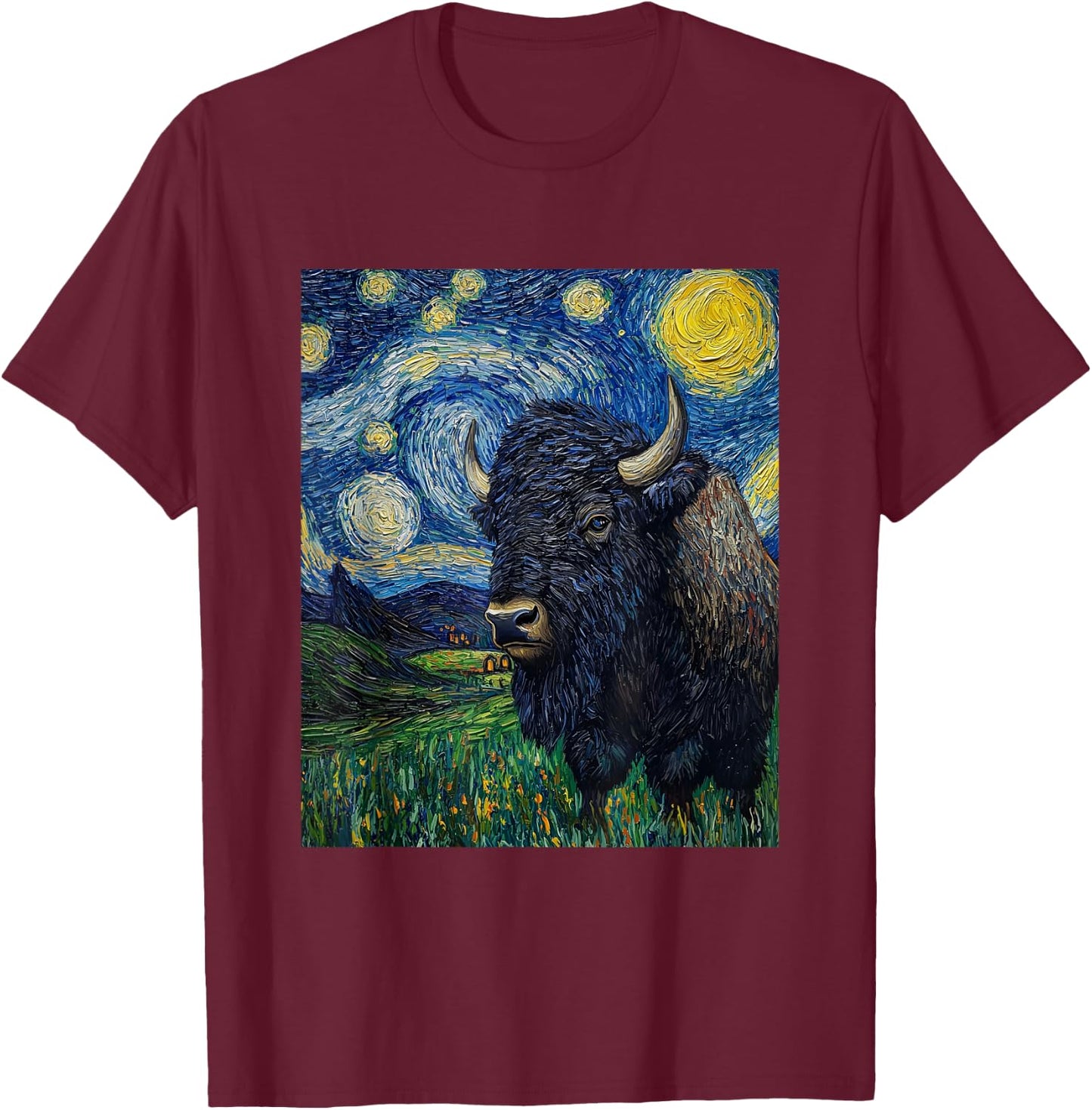 Bison Buffalo Van Gogh Style Starry Night Graphic T-Shirt - T-Shirt | Maroon