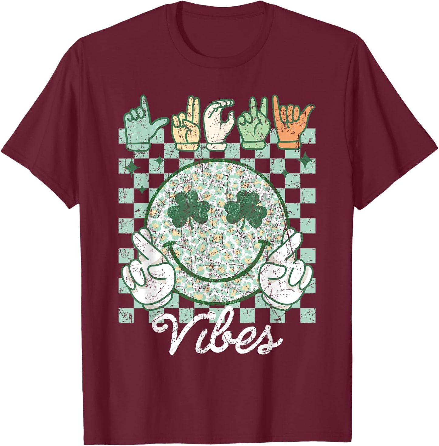 Lucky Vibes St Patrick's Day ASL Sign Language Deaf Groovy T-Shirt - T-Shirt | Maroon