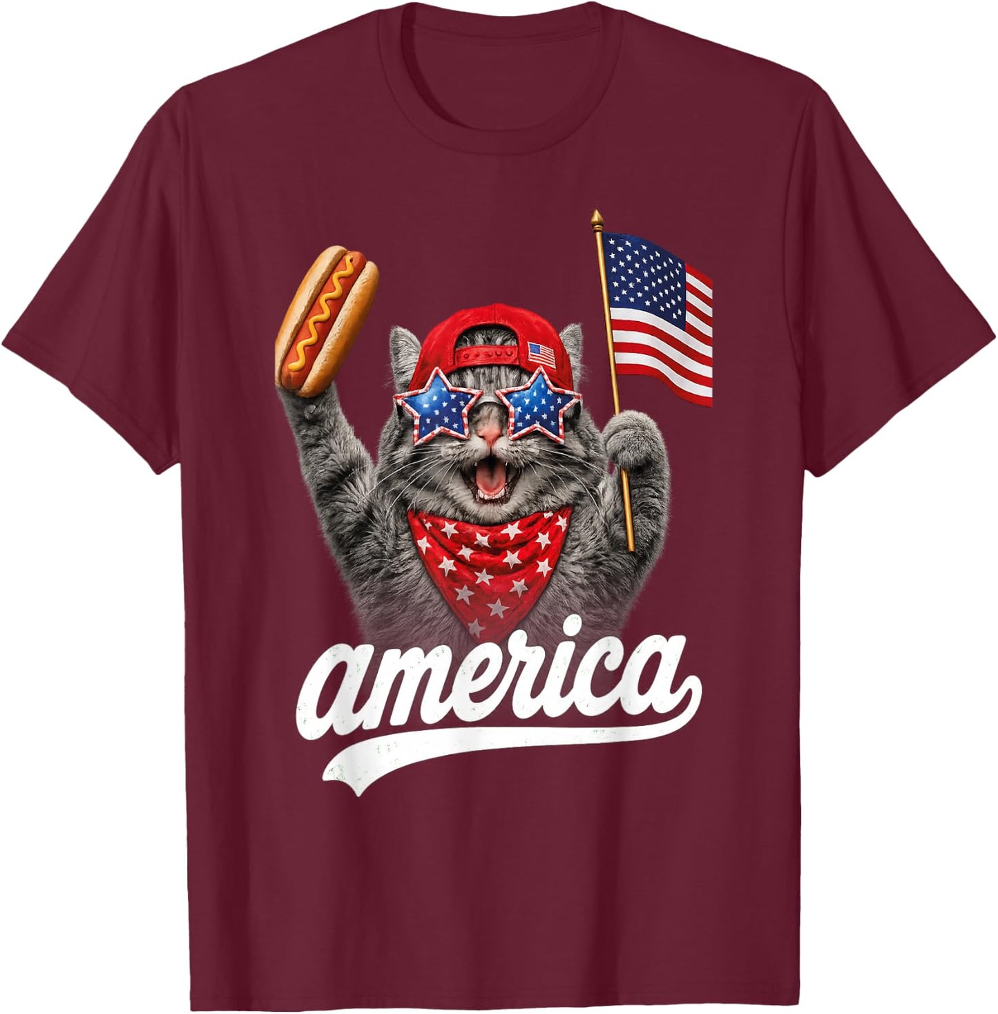Funny Cat & Hot Dog Patriotic Cat USA Flag T-Shirt - T-Shirt | Maroon