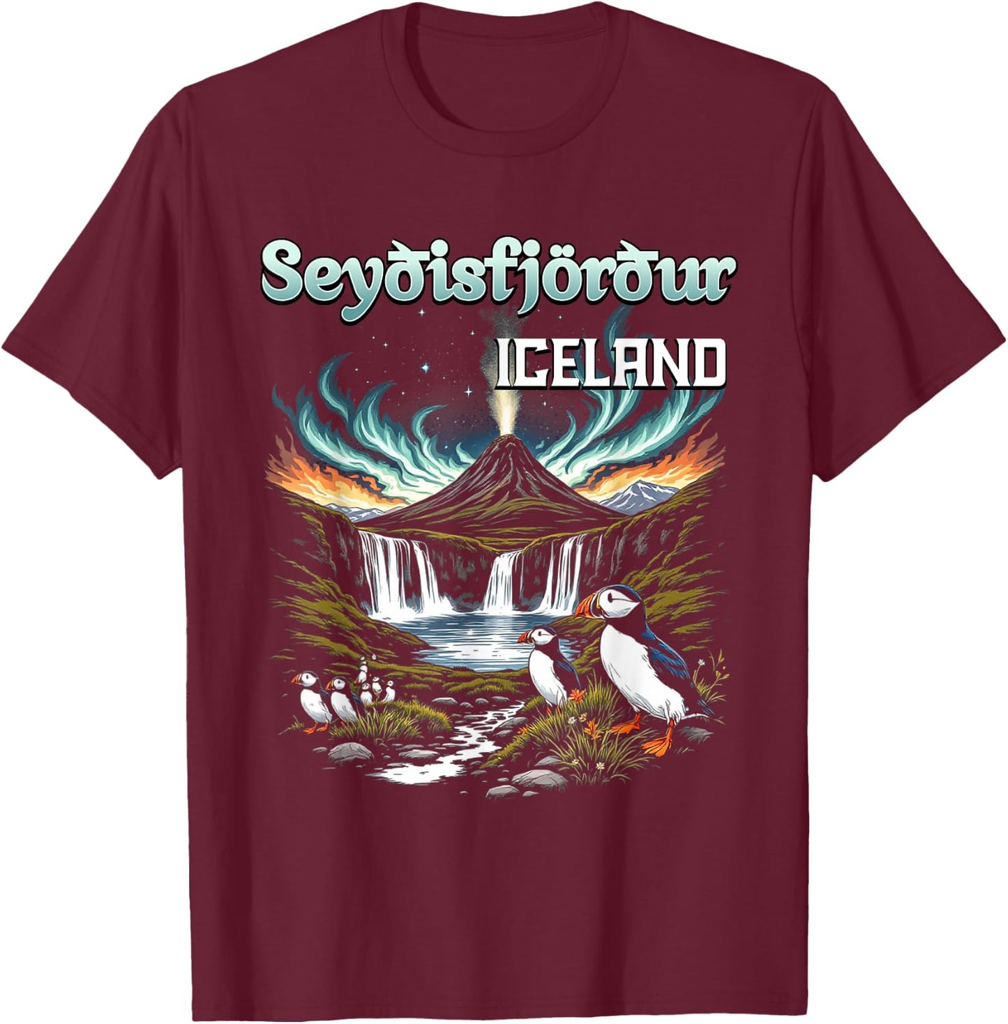 Seyðisfjörður Iceland Souvenir Icelandic Volcano Puffins T-Shirt - T-Shirt | Maroon