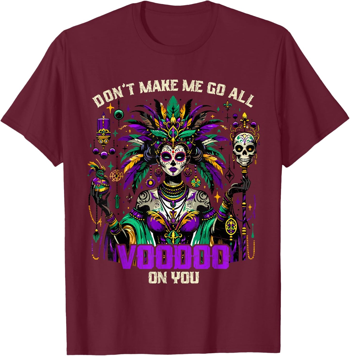 Mardi Gras Priestess Women New Orleans Witch Doctor Voodoo T-Shirt - T-Shirt | Maroon