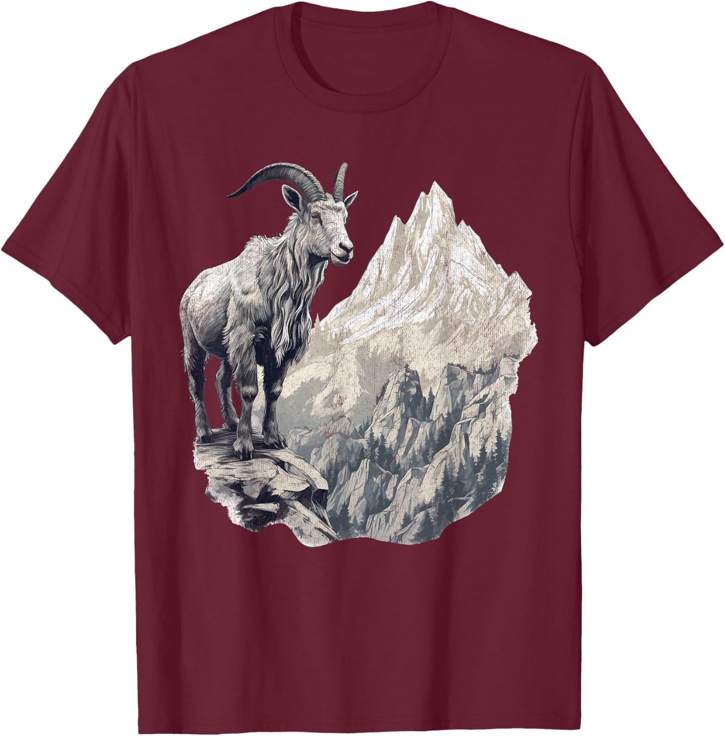 Mountain Goat with Scenic Landscape, Vintage Mountain Goat T-Shirt - T-Shirt | Maroon