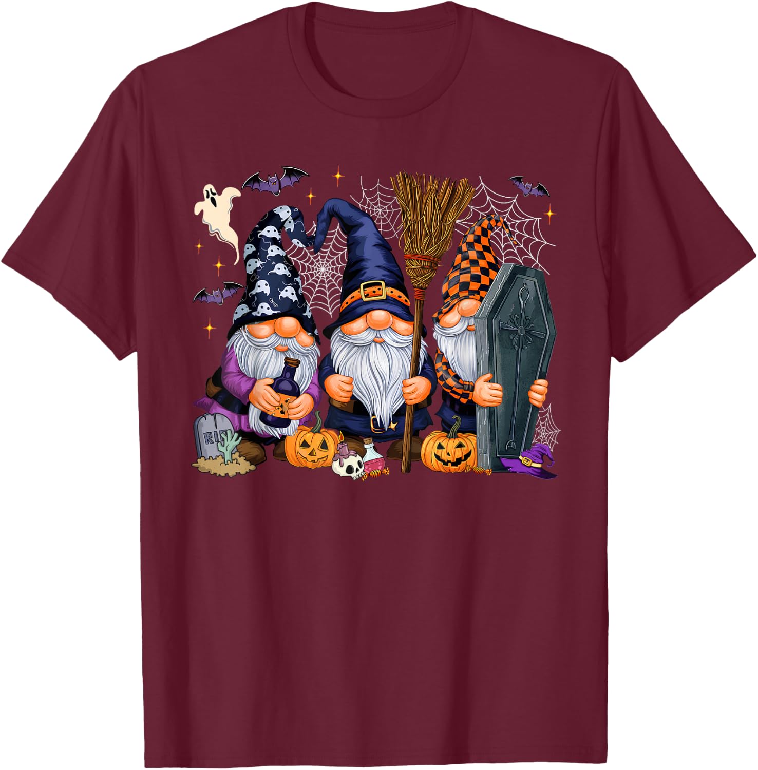 Gnome Witch Halloween Pumpkin Autumn Fall Holiday 2024 T-Shirt - T-Shirt | Maroon