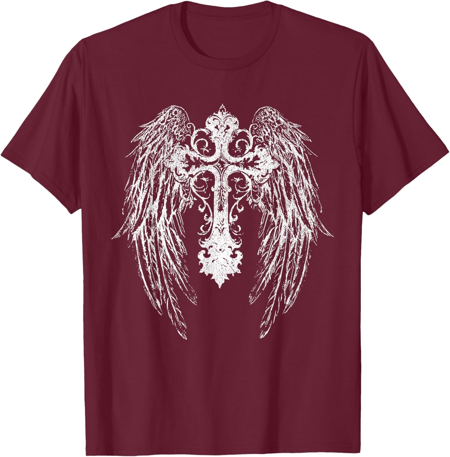 Cyber Siligism Y2K Angel Wings Cross T-Shirt - T-Shirt | Maroon