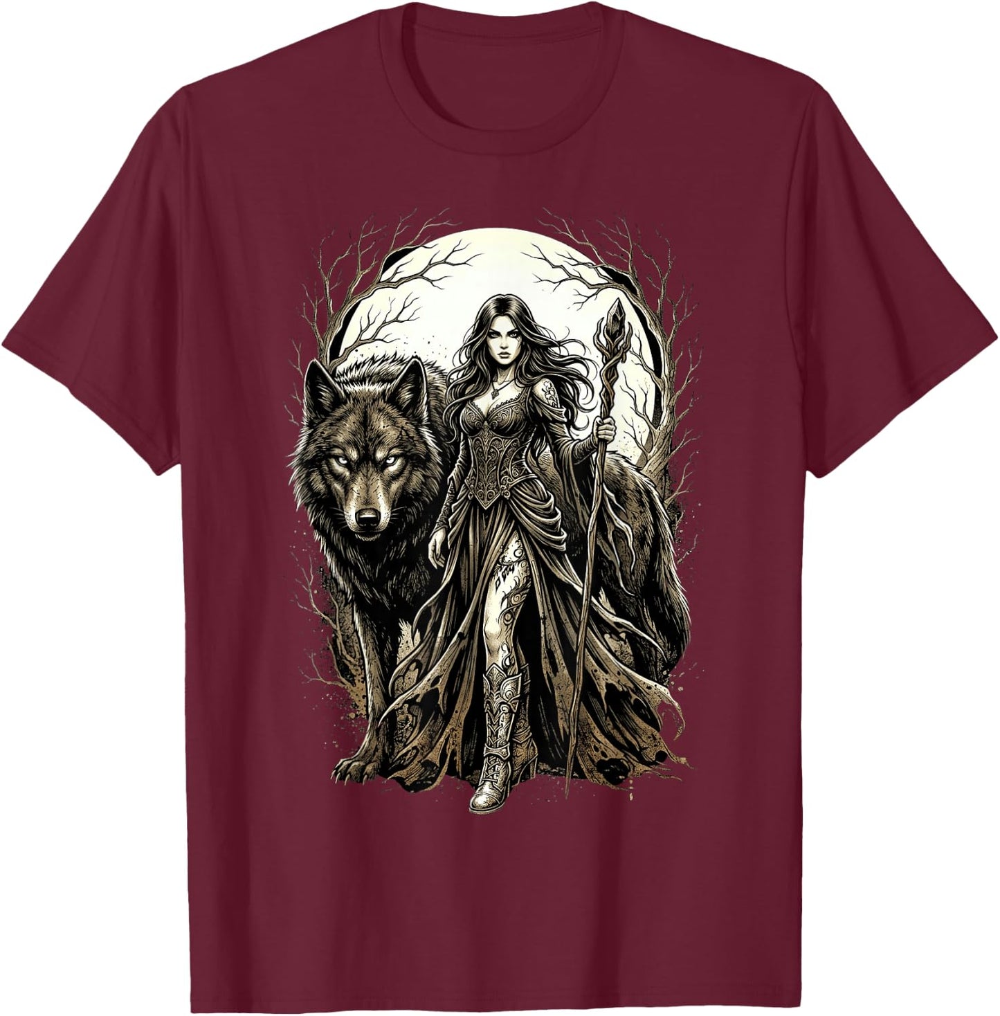 Fantasy Kriegerin Wolf Vollmond Gothic Motiv T-Shirt - T-Shirt | Maroon