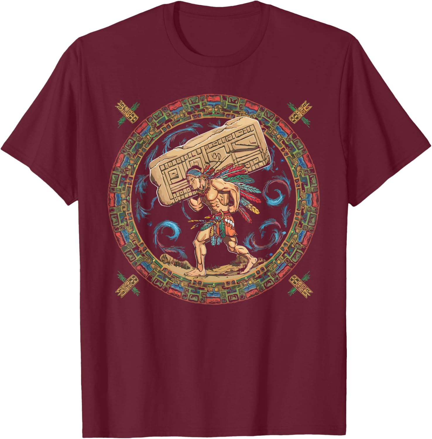 Aztec Calendar Mayan Indigenous Mexican Aztec Jaguar T-Shirt - T-Shirt | Maroon
