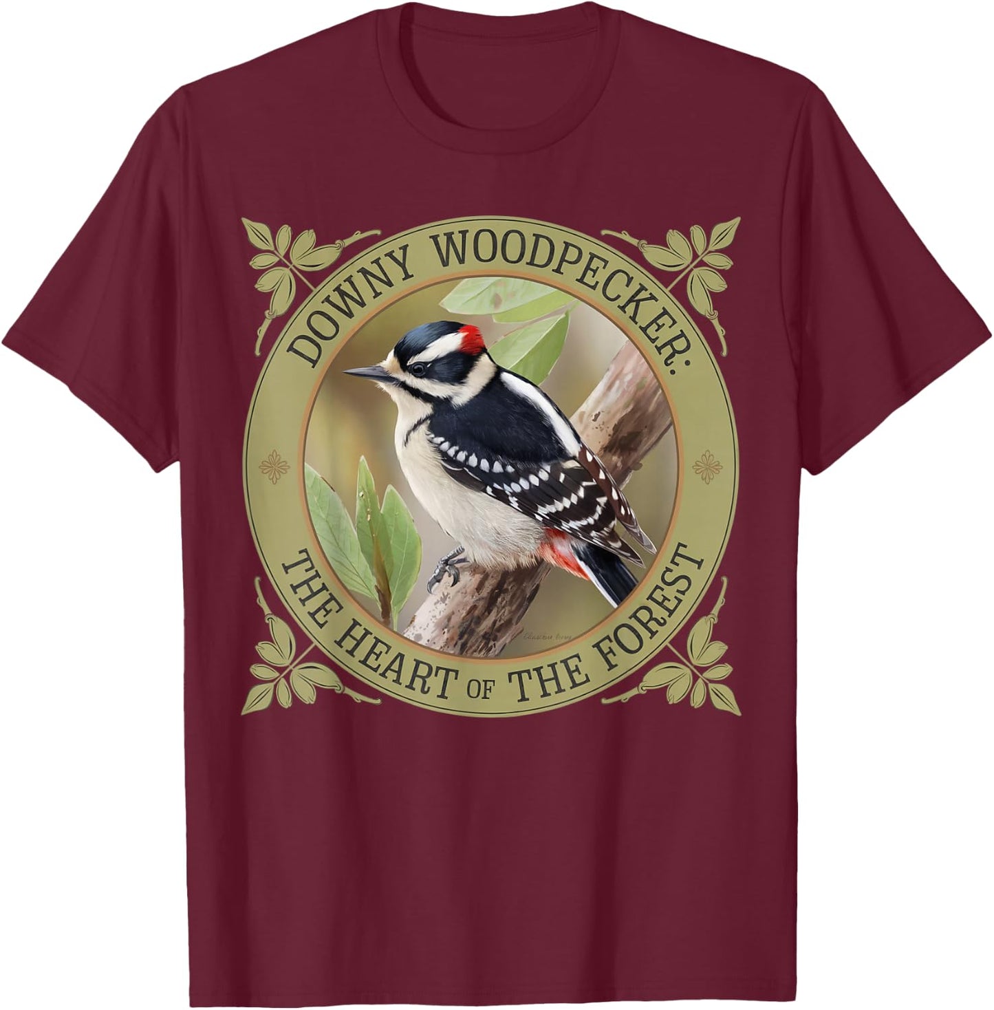 Downy Woodpecker – Nature Lover’s Bird Design T-Shirt - T-Shirt | Maroon