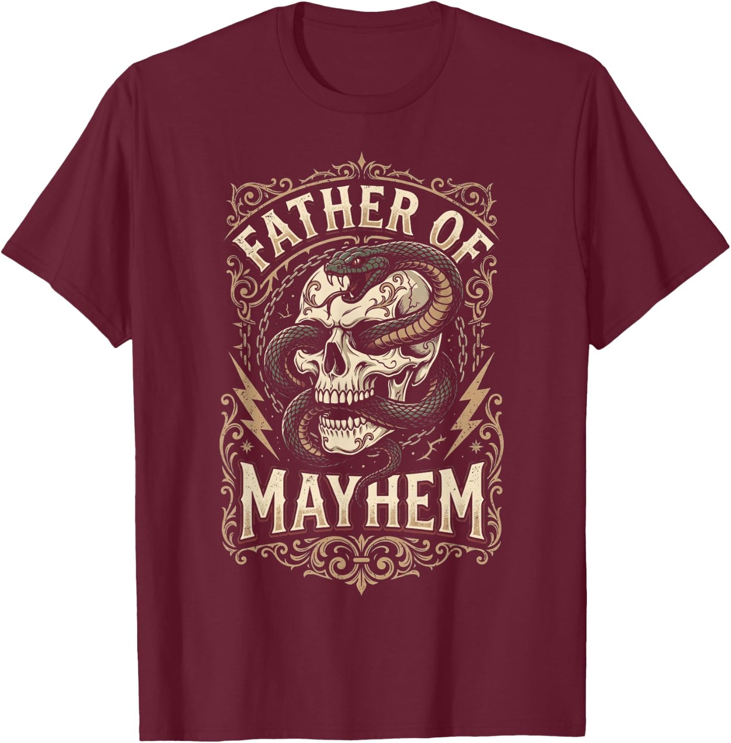 Father of Mayhem Vintage Gothic Skull and Snake Tattoo T-Shirt - T-Shirt | Maroon