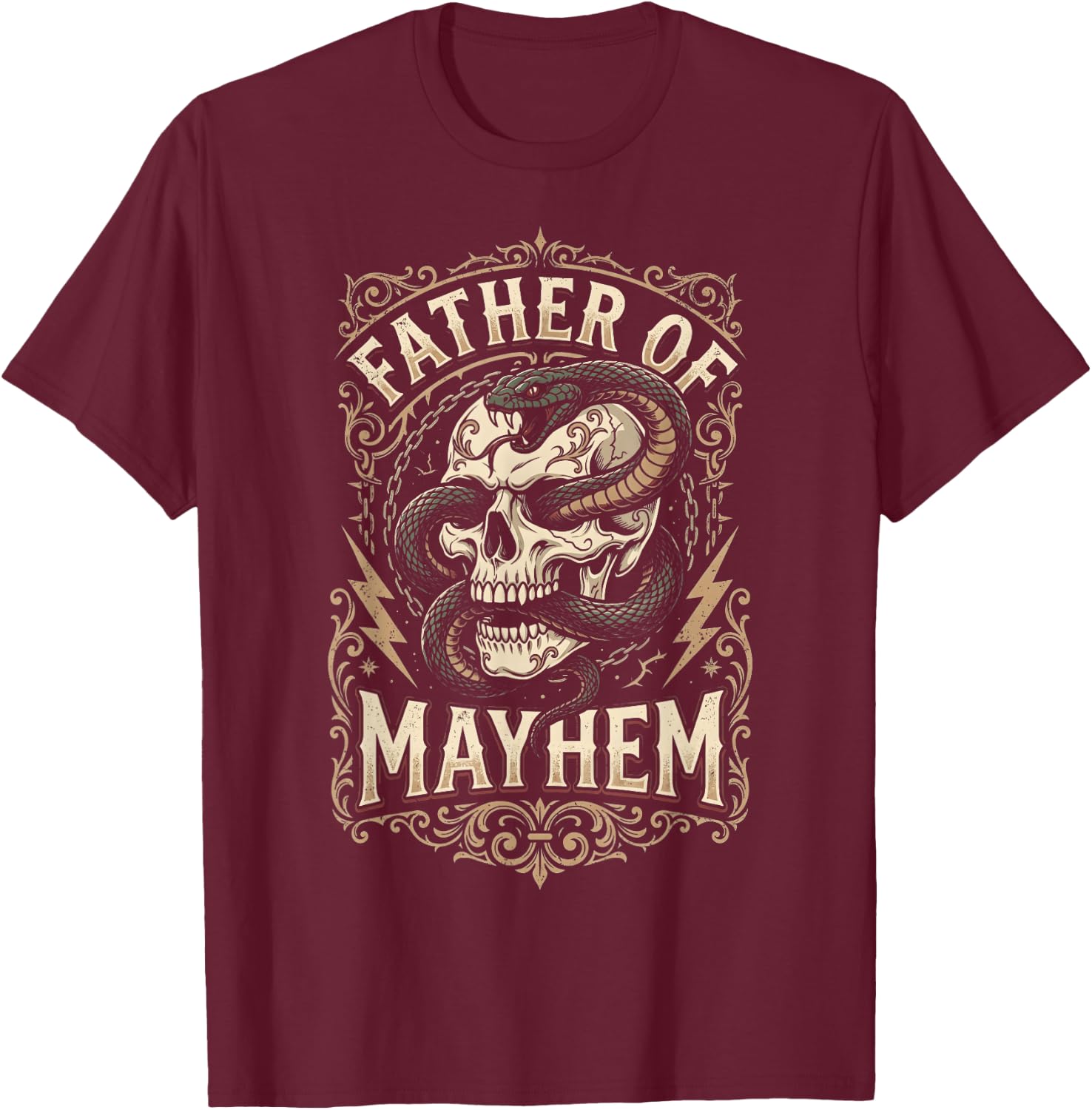 Father of Mayhem Vintage Gothic Skull and Snake Tattoo T-Shirt - T-Shirt | Maroon