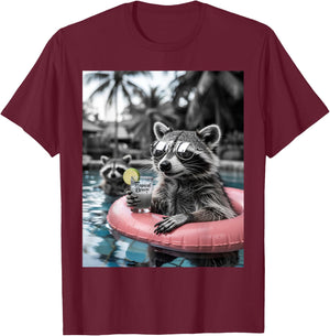 Raccoon Flamingo Float Funny Pool Party Summer Vibes T-Shirt - T-Shirt | Maroon
