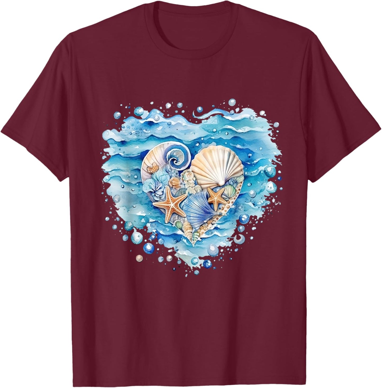 Summer Ocean Snail Shell Kawaii Starfish Beach Shell Hearing , black T-Shirt - T-Shirt | Maroon
