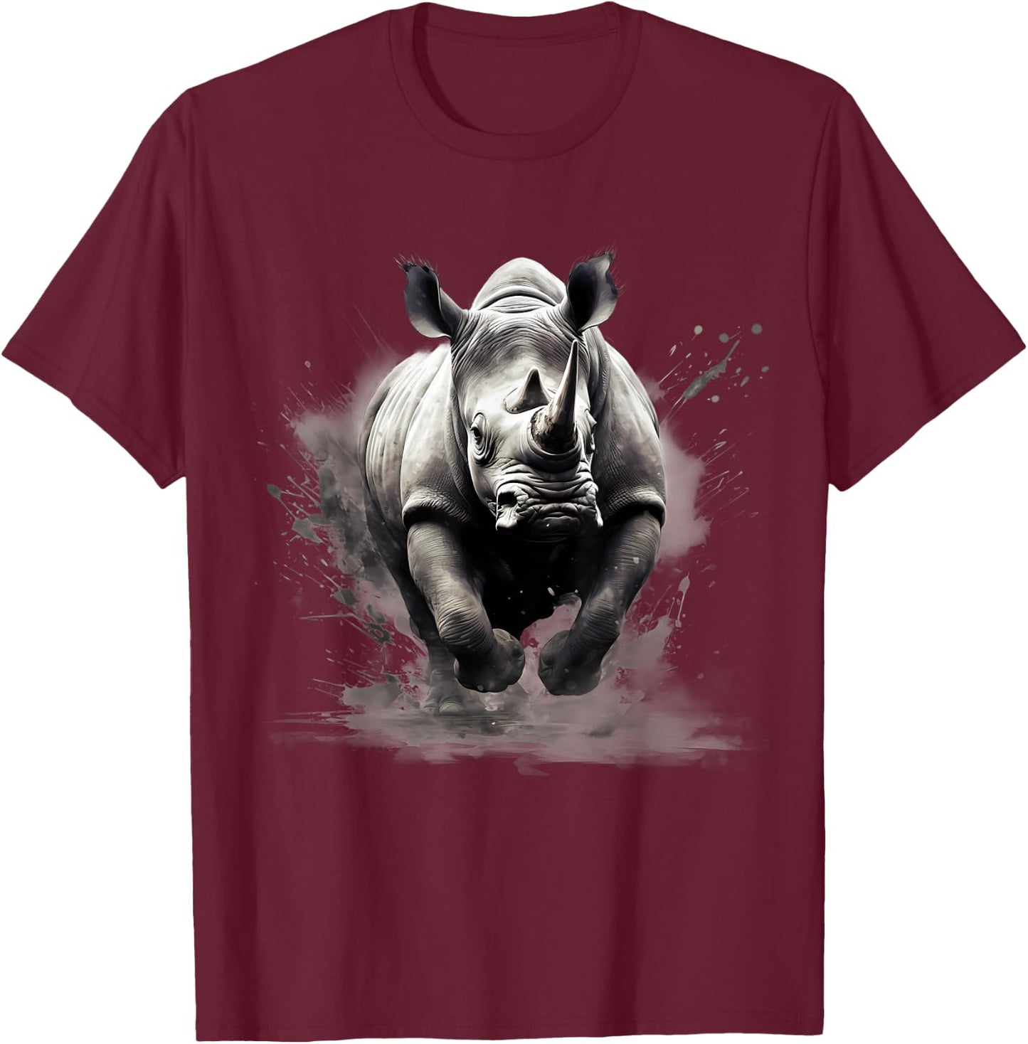 Rhino Animal Print Rhinoceros Wildlife Drawing Splash Motif T-Shirt - T-Shirt | Maroon