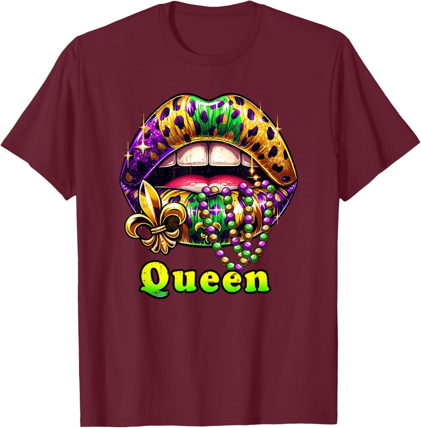 Mardi Gras Queen Lips Outfit Women Cheetah Leopard Print T-Shirt - T-Shirt | Maroon