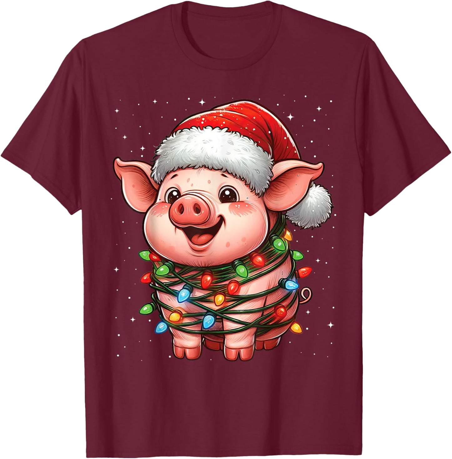 Pig Christmas Lights Santa Hat Xmas Snow T-Shirt - T-Shirt | Maroon