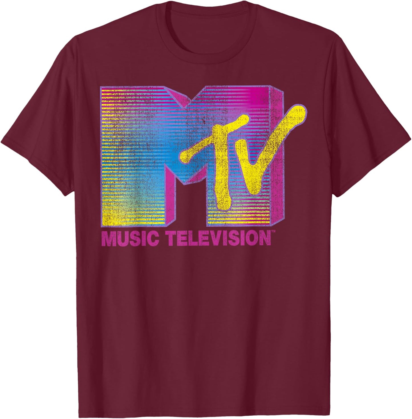 MTV Distressed Fluorescent Gradient Logo Classic Fit - Black, Adult T-Shirt - T-Shirt | Maroon