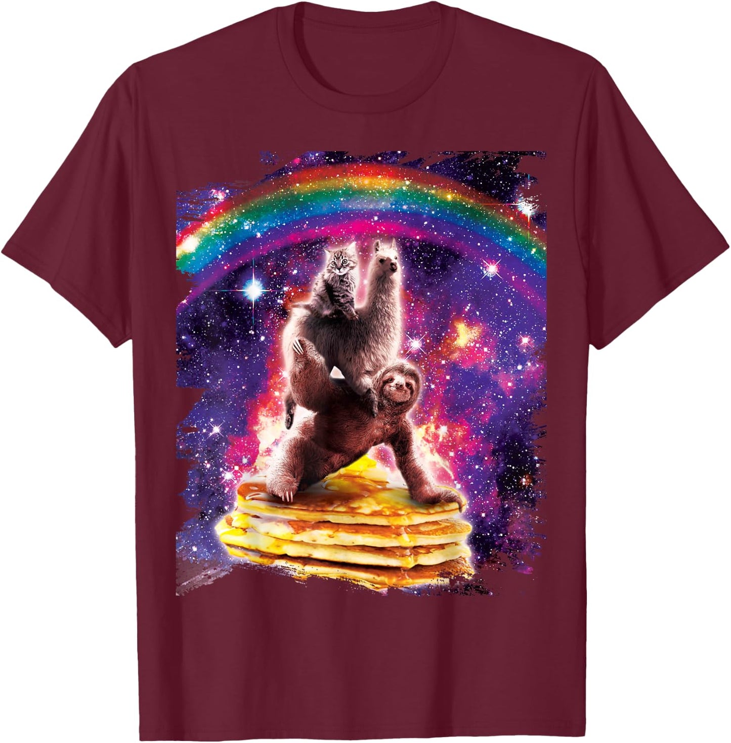 Space Cat Sloth Riding Pancakes T-Shirt - T-Shirt | Maroon