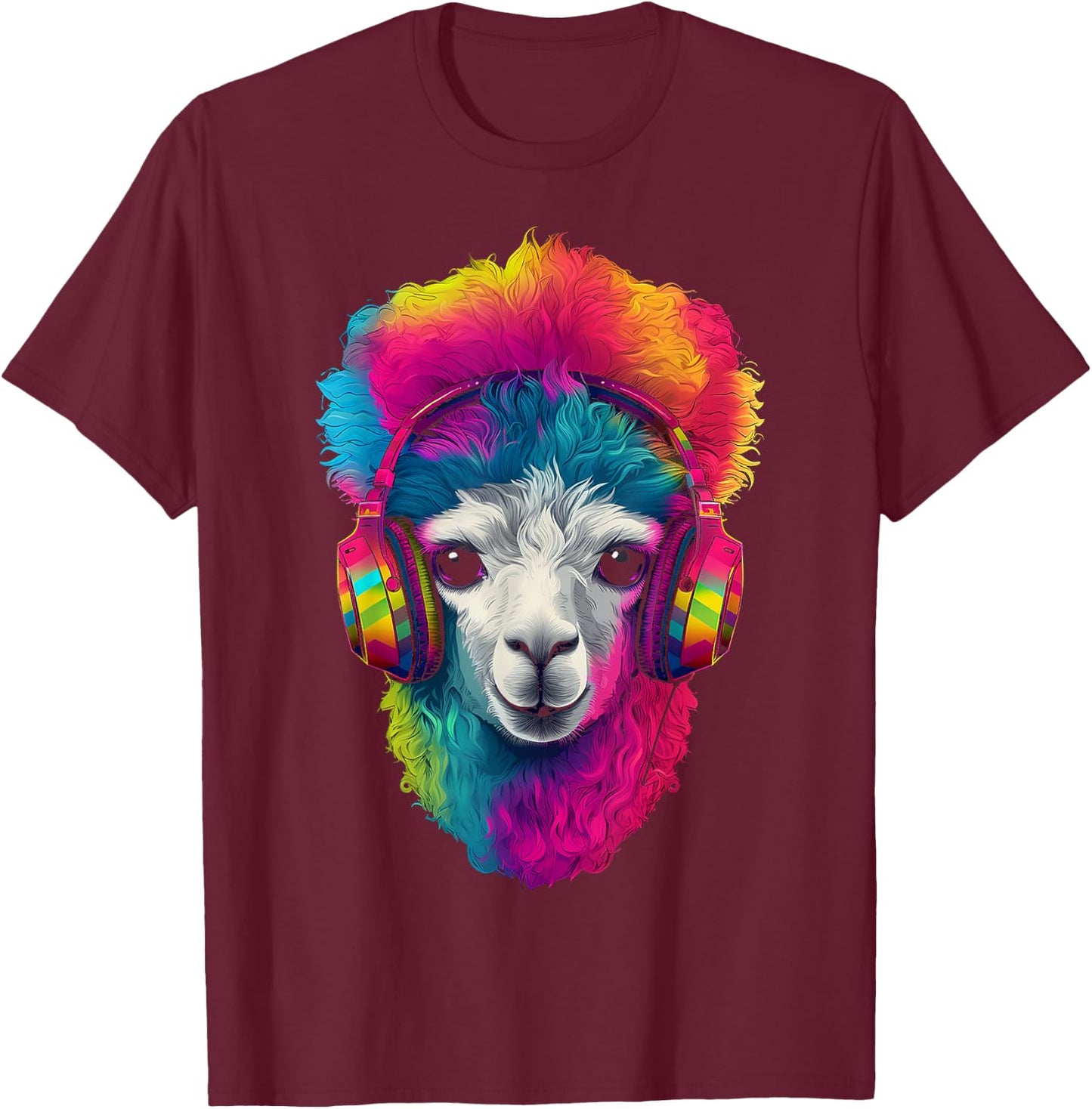 Alpaca Animal Headphones Art Motif Colorful Llama T-Shirt - T-Shirt | Maroon