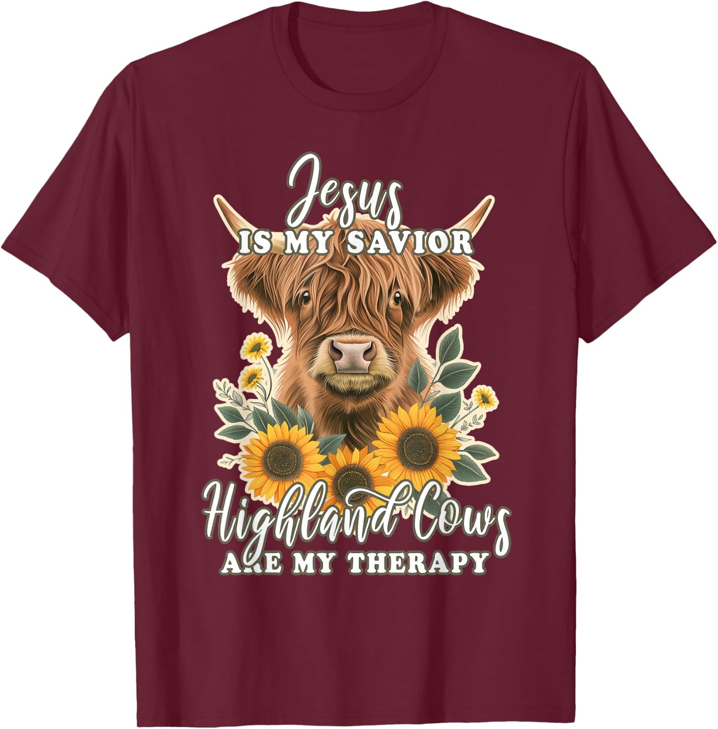 Highland Cow Jesus Christian Religious Highland Cow T-Shirt - T-Shirt | Maroon