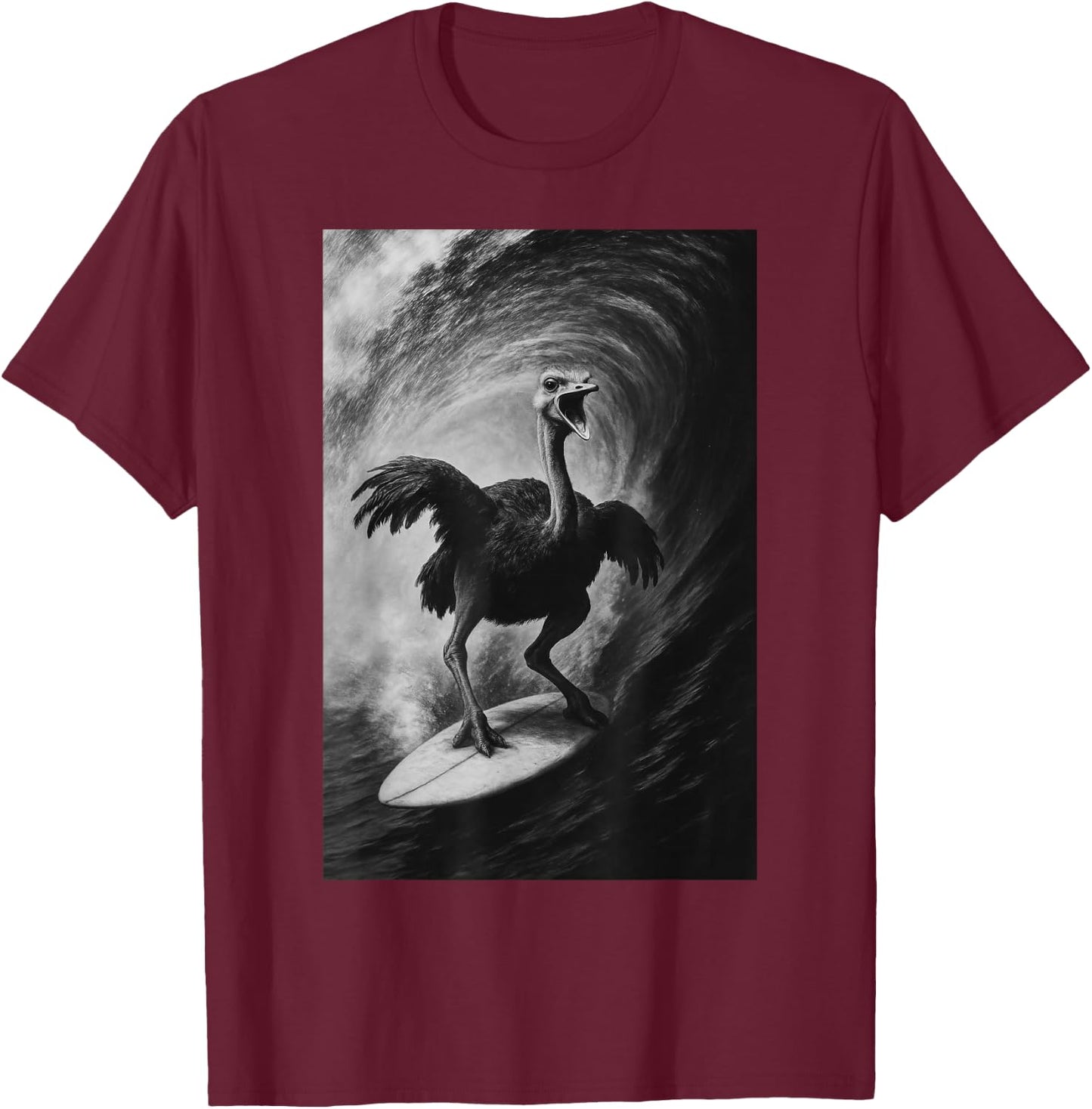 Funny Surfing ostrich Selfie On Surfboard Safari Animal T-Shirt - T-Shirt | Maroon