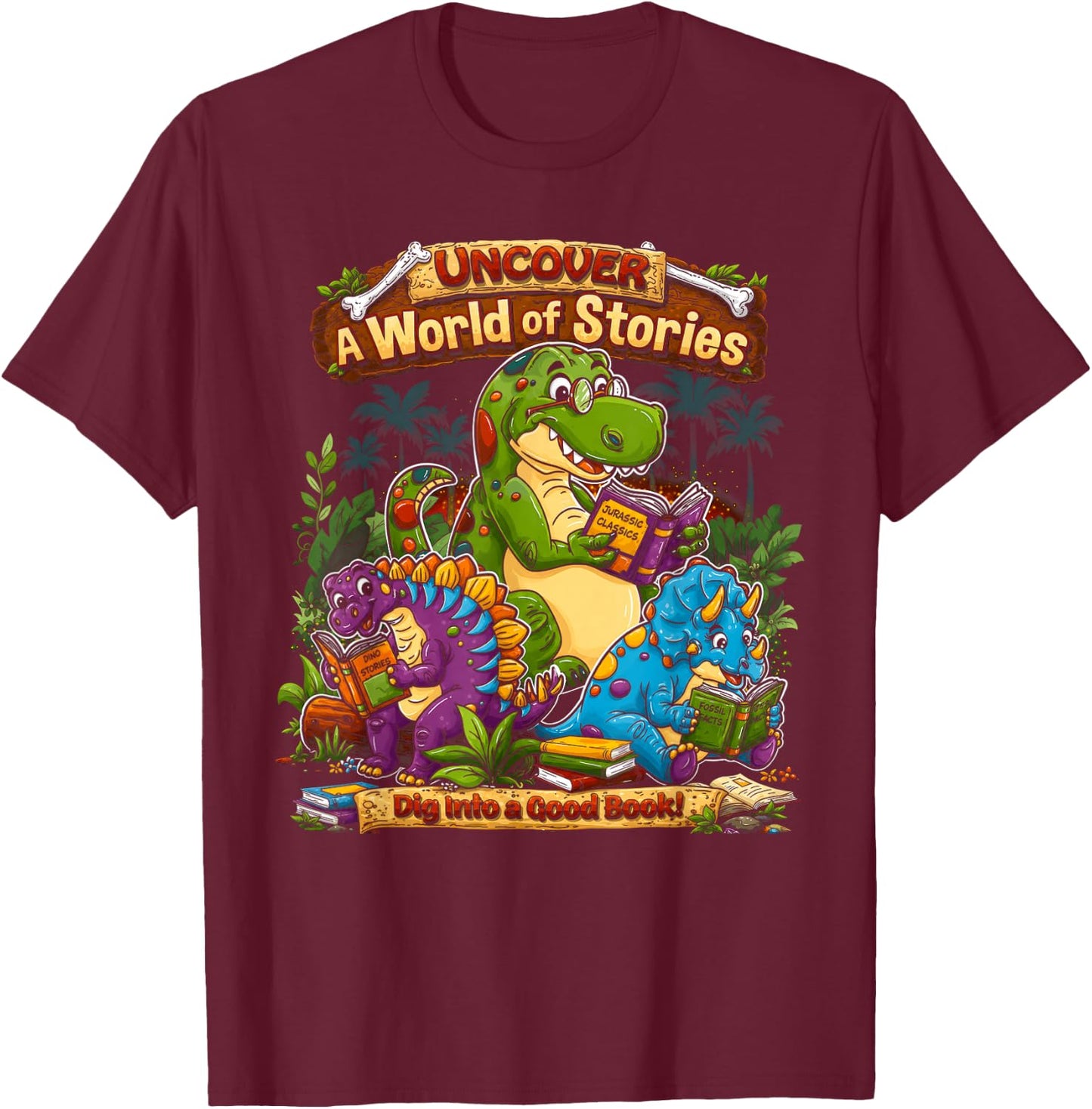 Uncover A World of Stories Dinosaur Reading Shirt for Kids T-Shirt - T-Shirt | Maroon