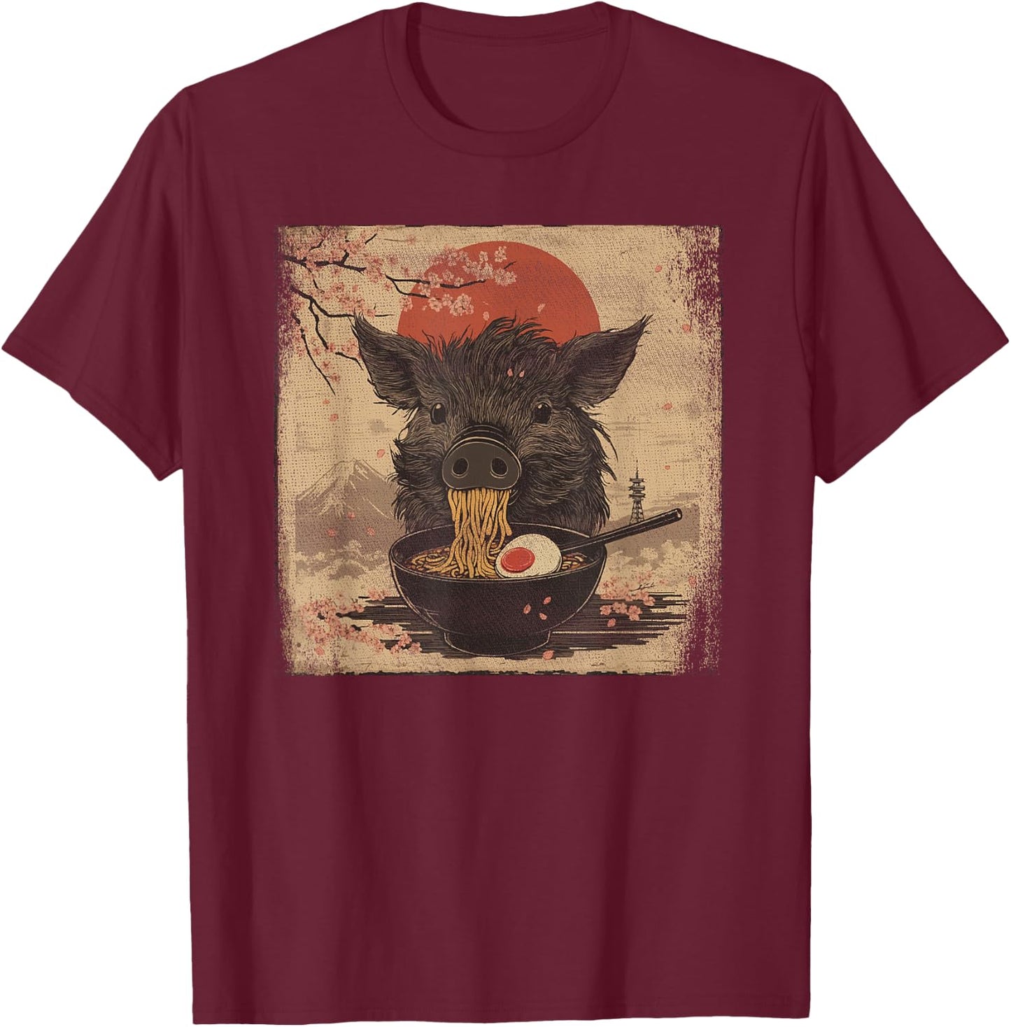 Japanese Woodblock Graphic Boar Eating Ramen Pig Lover T-Shirt - T-Shirt | Maroon